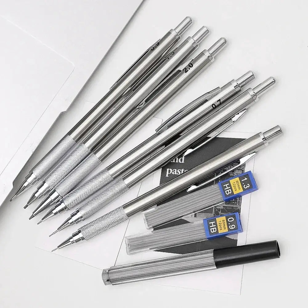 Metal mechanical pencil set by Simples Market with knurled grips; includes 0.3-2.0mm pencils and HB refills