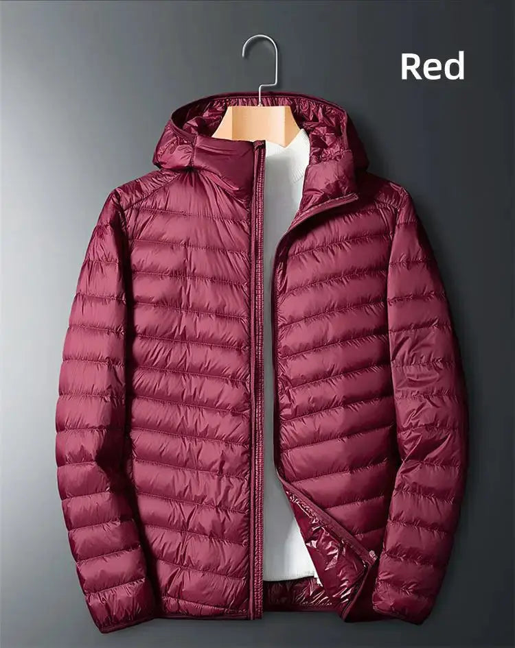 Men's red hooded down jacket, quilted puffer with zip front