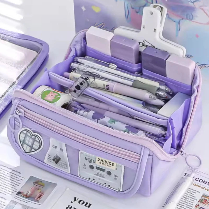 Pencil case in purple, large-capacity with multiple compartments for desktop organization and stationery storage