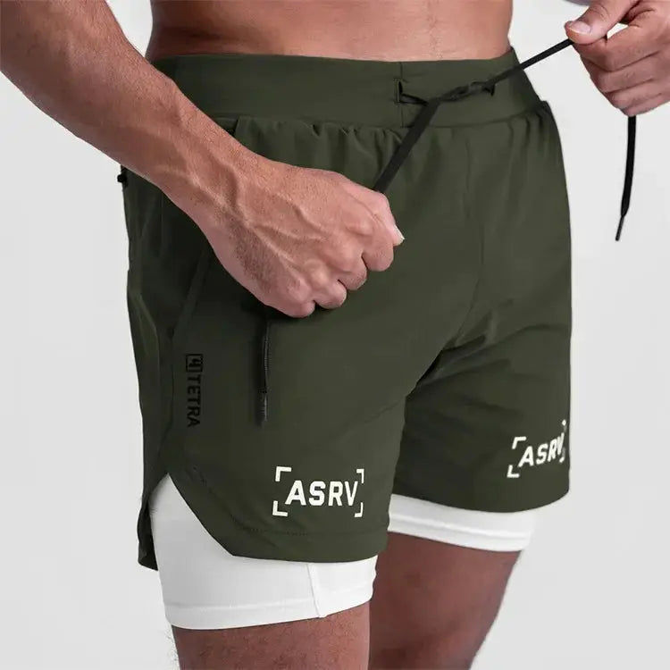 ASRV men's 2-in-1 quick-dry shorts in olive green with white inner liner and drawstring waistband.