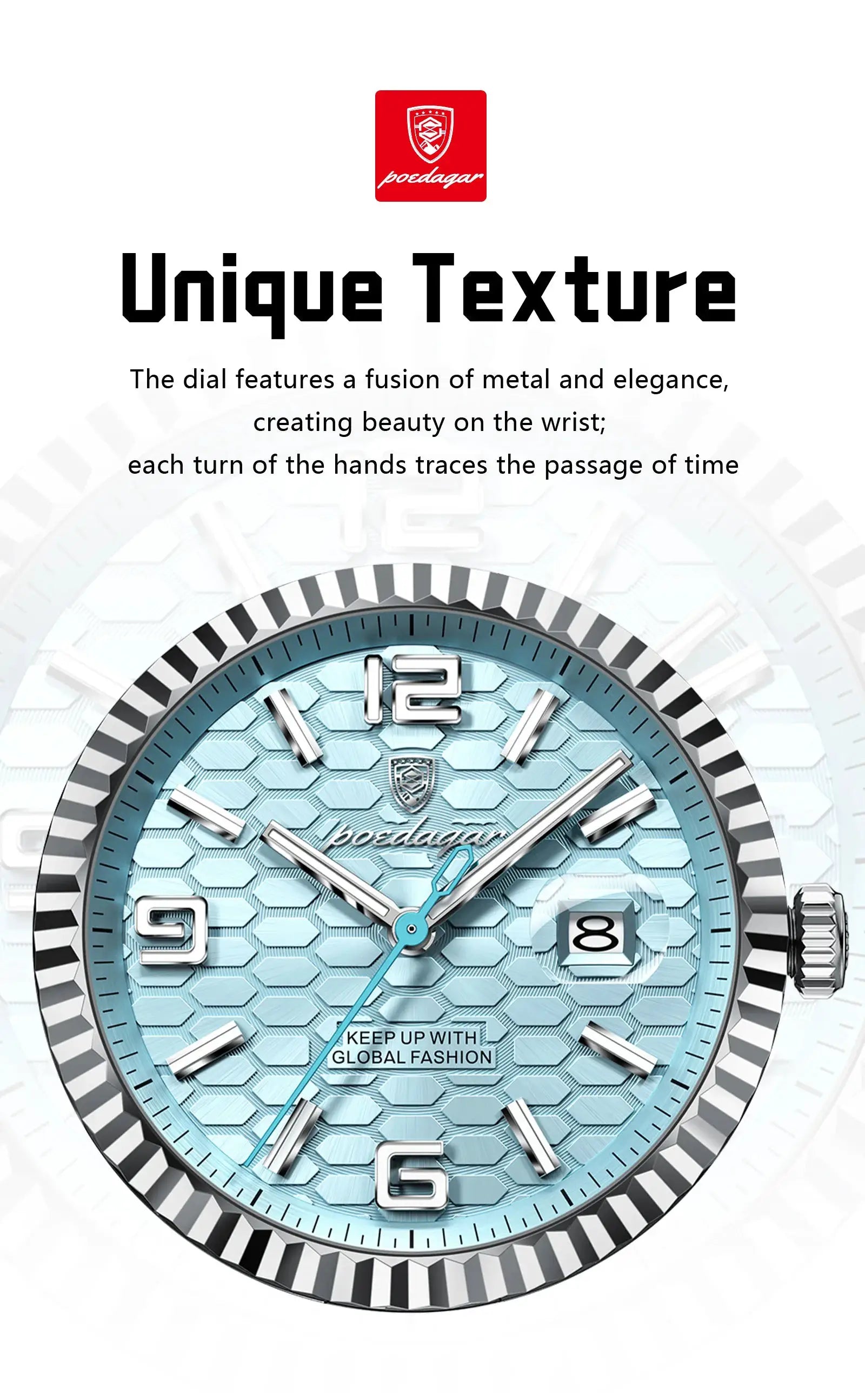 POEDAGAR men's stainless steel quartz watch with turquoise honeycomb dial, luminous hands, date window, in box