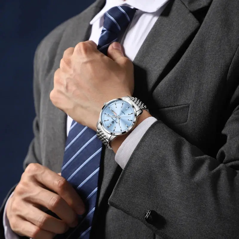 PAAZOMU luxury stainless steel men's watch with blue dial.