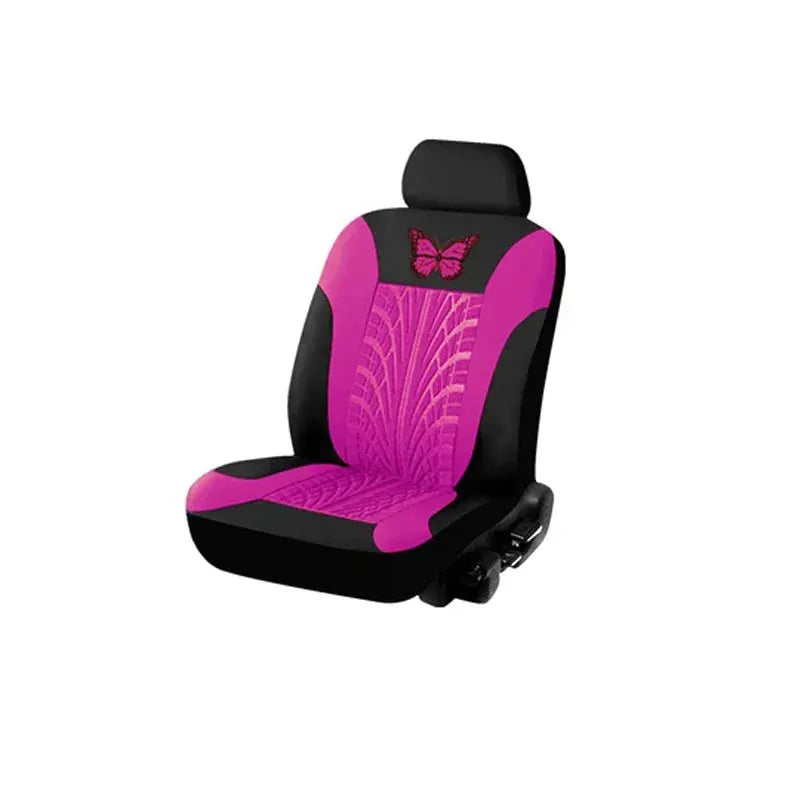 Car seat cover set by Simples Market in pink and black with butterfly embroidery for universal fit.