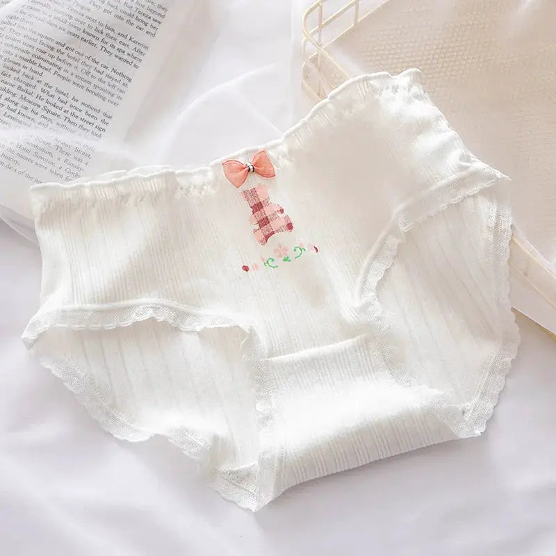 Panties 5Pcs set Simples Market white pure cotton mid-waist lace briefs with pink bow accent