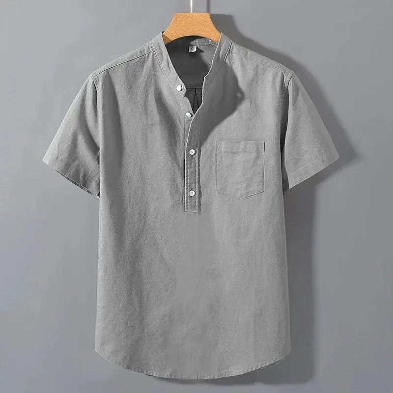 Mens Short Sleeve T Shirt Solid Color Stand Up Collar Breathable Cotton Top With Pocket For Summer Trendy
