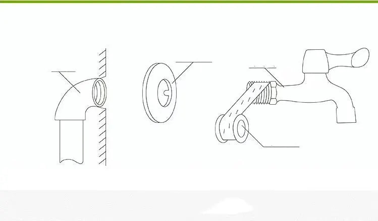 Wall-mounted garden faucet three-view illustration in brushed stainless steel with escutcheon and handle