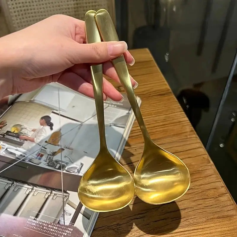 2 Pcs Golden Stainless Steel Large Spoons For Hot Pot Soup And Porridge With Long Handles Elegant Kitchen Utensils