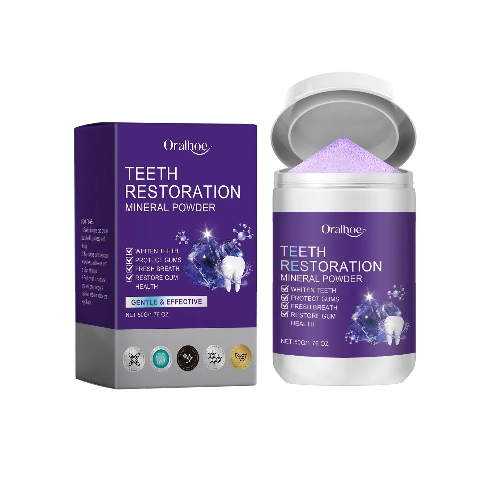 Oralhoe Teeth Restoration Mineral Powder box and bottle with purple packaging.
