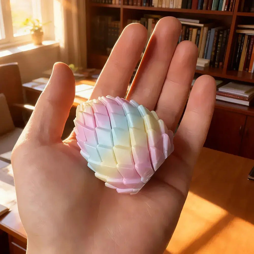 3D Printing Dragon Egg stress-relief model in pastel rainbow, deformable twist desk ornament