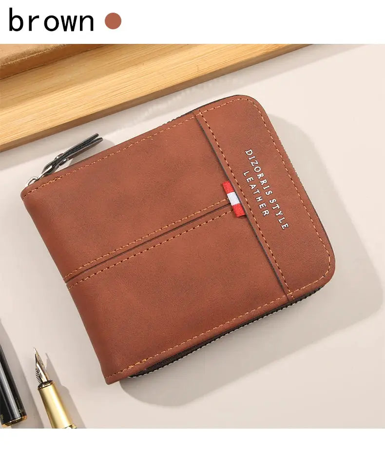 DIZDRESS leather wallet brown, short horizontal zipper, three-fold design.