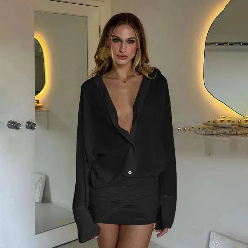 See Through Mini Dress With Flare Sleeves Ruched Bandage Club Party