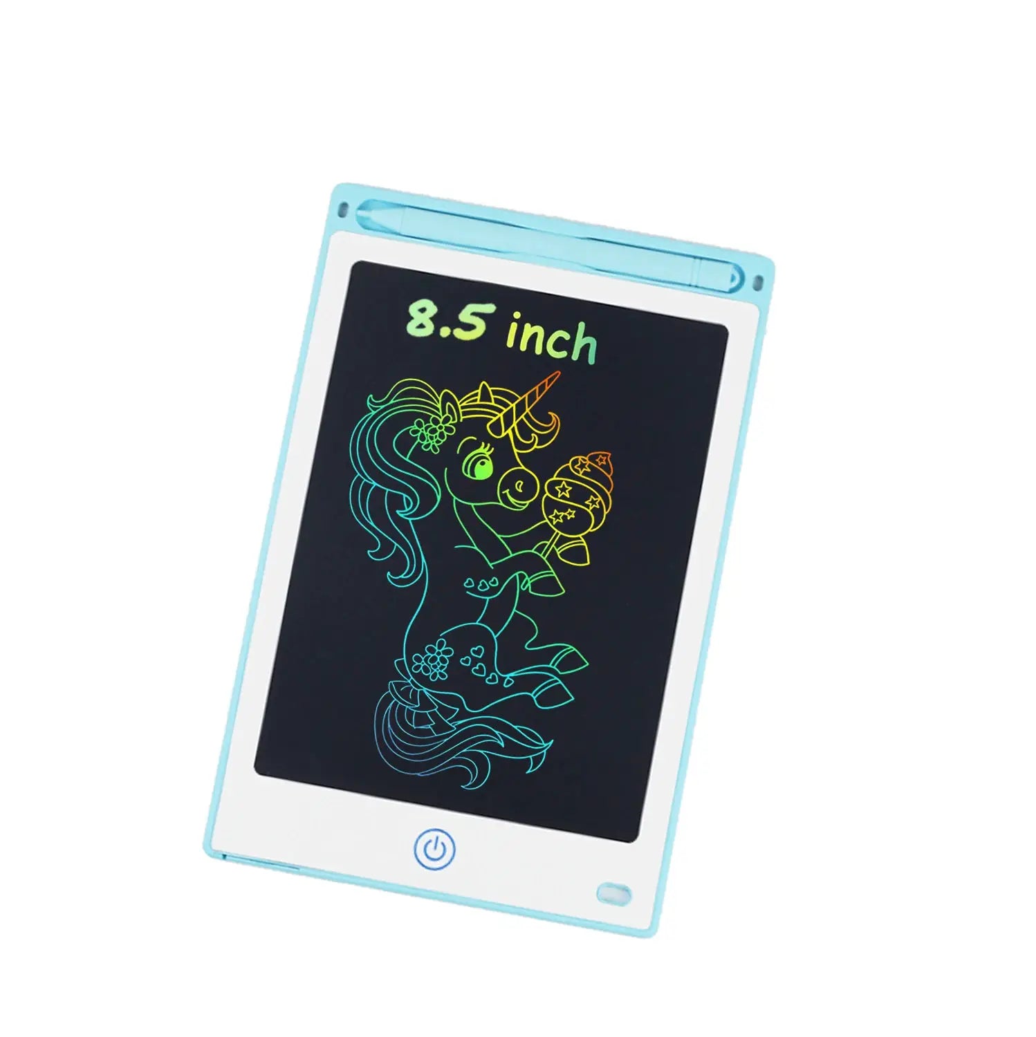 8.5-inch LCD writing tablet for kids with blue frame and included stylus, rainbow unicorn drawing on screen