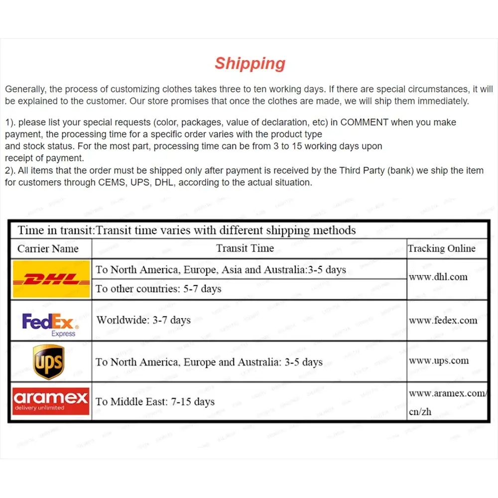 Shipping information with a time-in-transit table and DHL, FedEx, UPS, and Aramex logos
