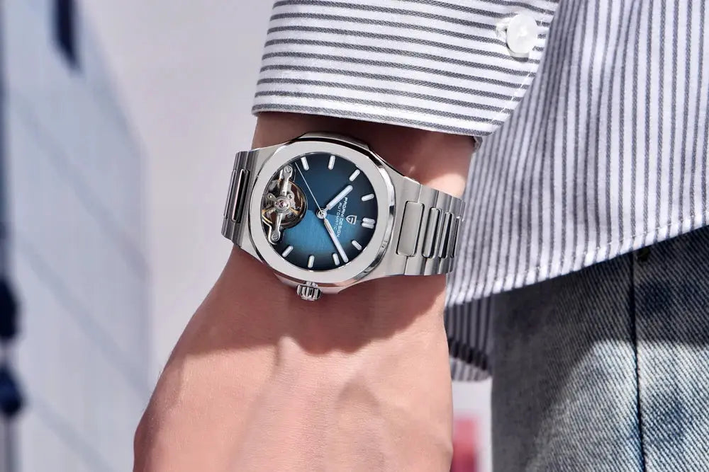 PAGANI DESIGN 2026 men's stainless steel skeleton watch with blue dial