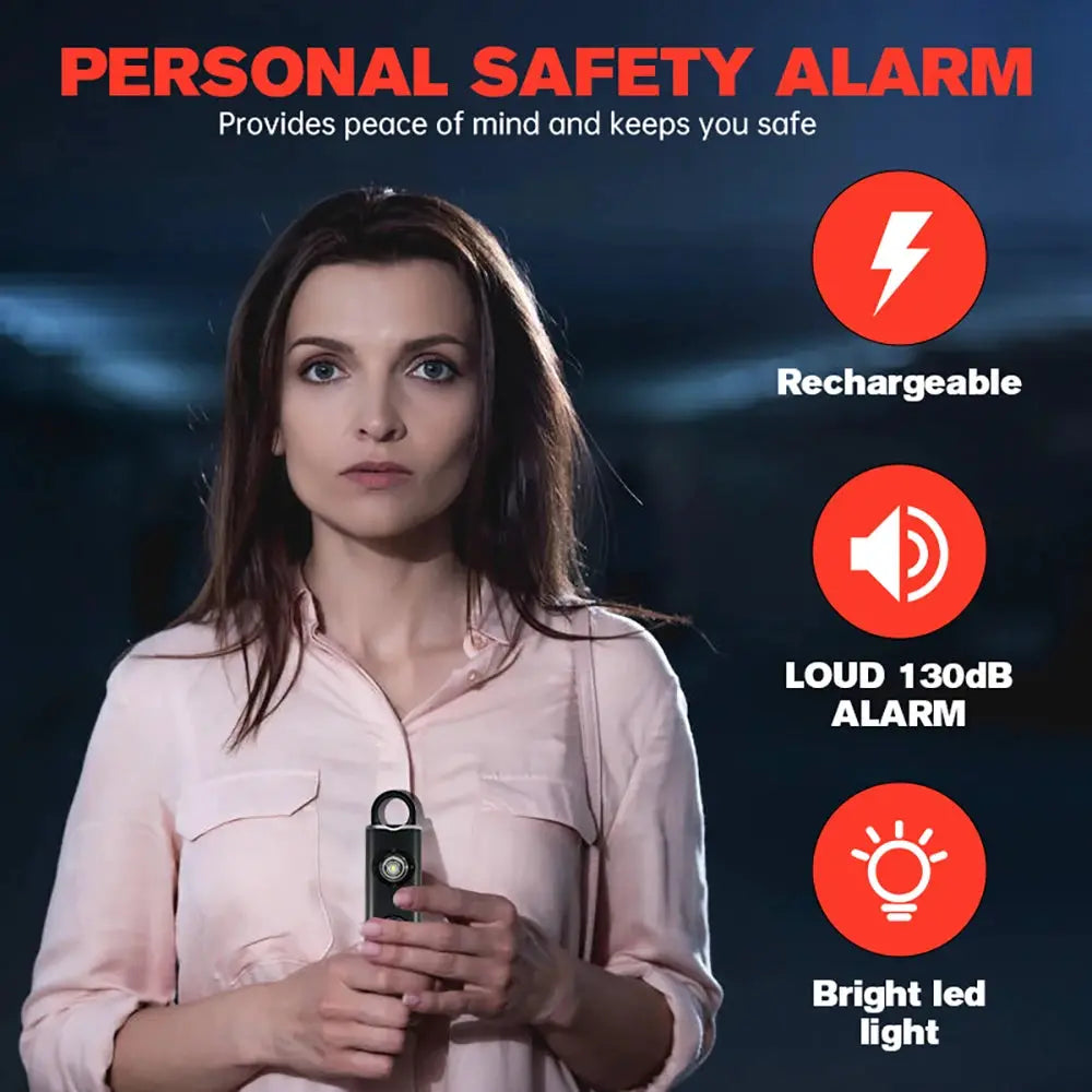 Personal alarm keychain, 130dB rechargeable with LED flash, black portable self-defense device by Simples Market