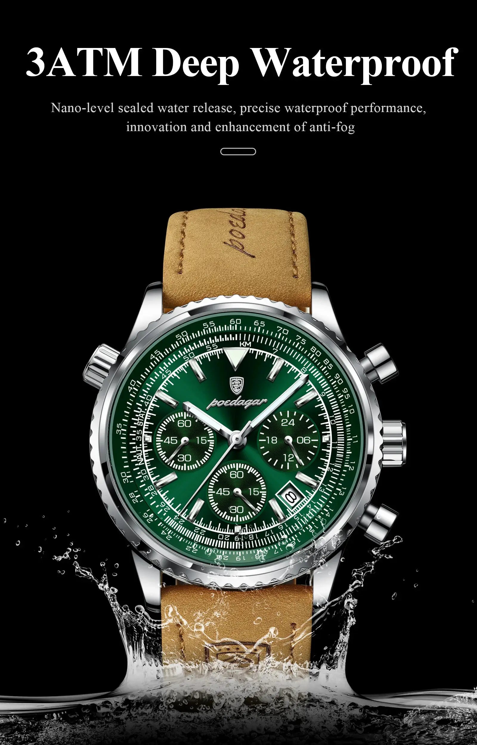 POEDAGAR men's leather-strap chronograph watch with green dial and stainless steel case
