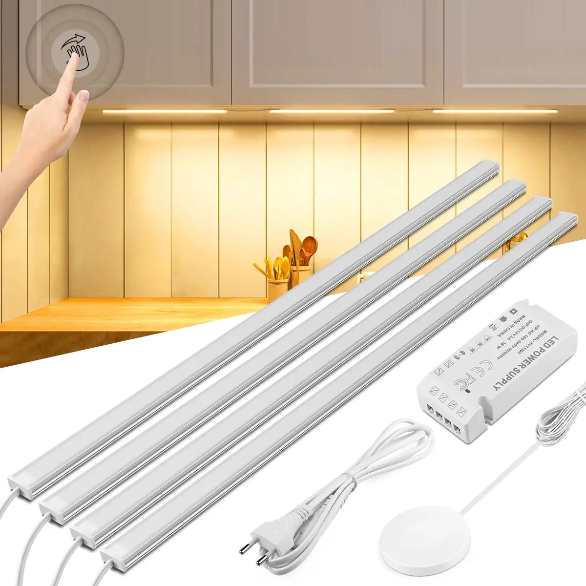 4-pack white aluminum under-cabinet LED light bars with motion sensor and touch-dimmable switch Simples Market