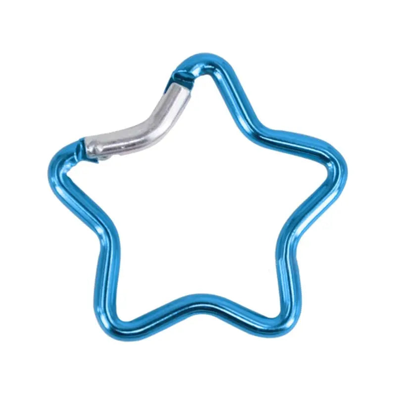Star-shaped aluminum carabiner clip keychain, blue alloy, spring-locking, for backpacking.