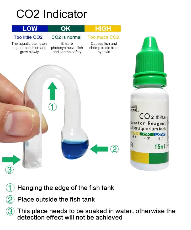 Simples Market Aquarium CO2 indicator solution kit with glass U-tube, blue liquid, and 15 ml bottle