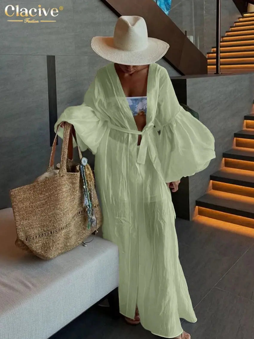 Clacive White 2 Piece Set Women Loose Long Sleeve Robe And Shorts