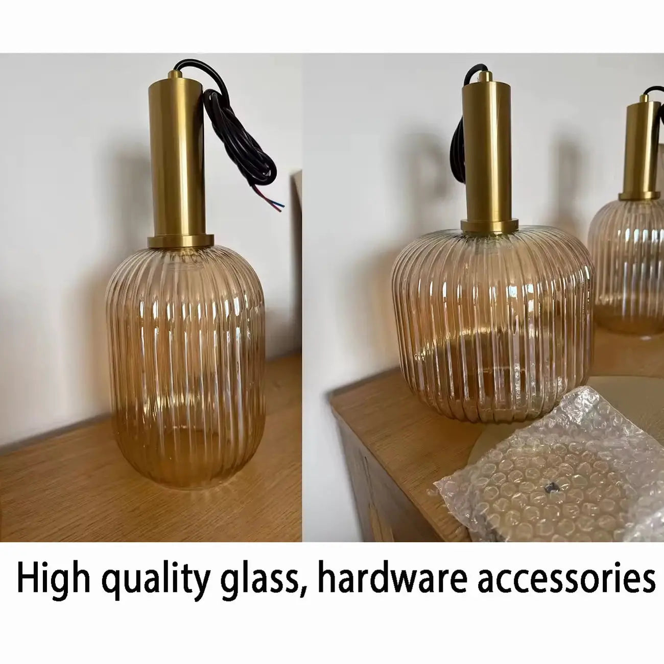 Nordic glass pendant lights with amber ribbed shade and brass top, set of 2