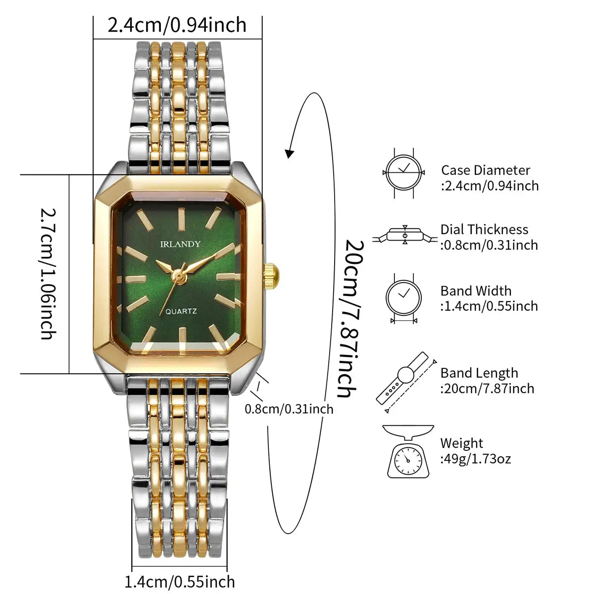 Rectangular women's quartz watch with gold and silver steel band and green dial