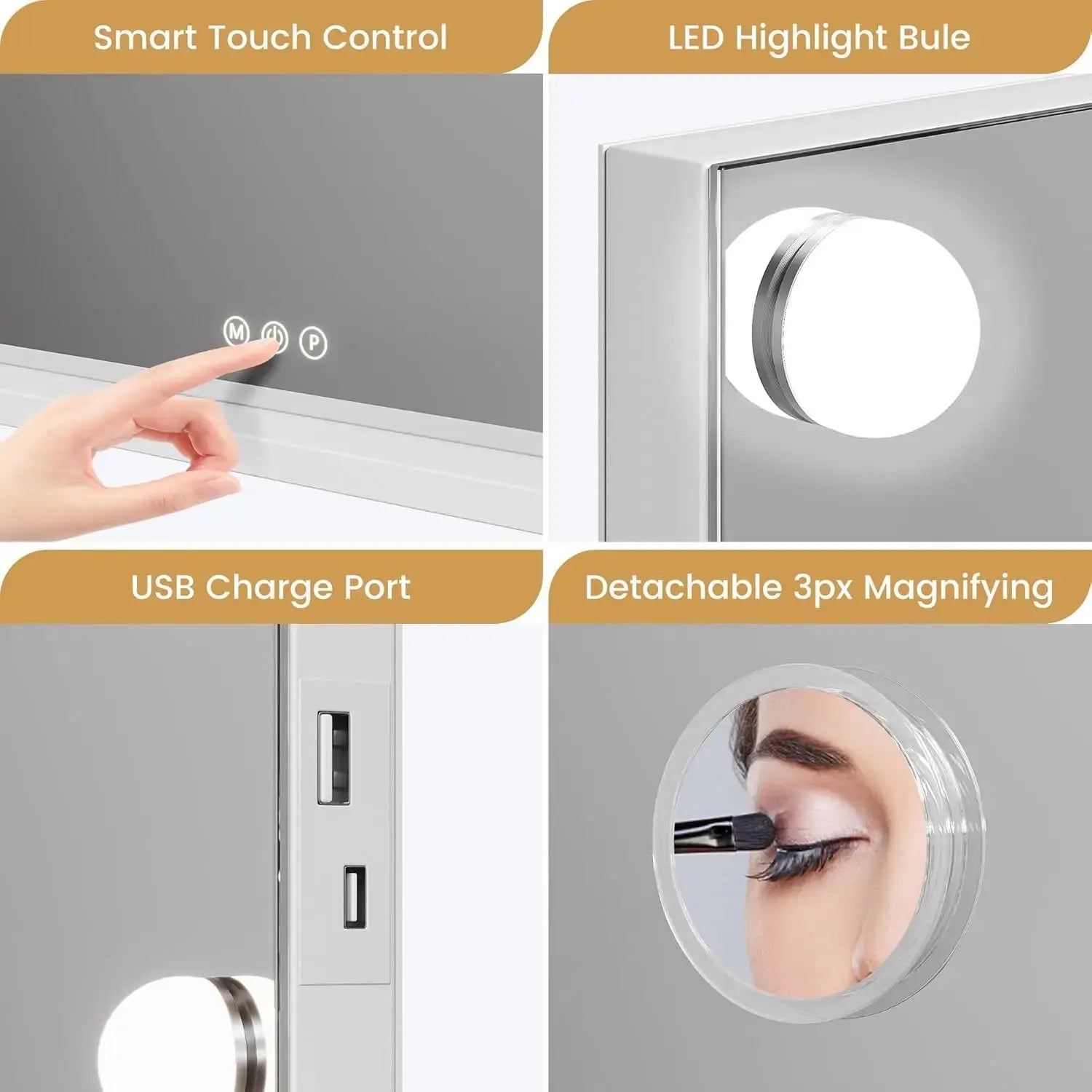 Vanity mirror by Simples Market with adjustable LED lights and 3x magnification, smart touch controls.