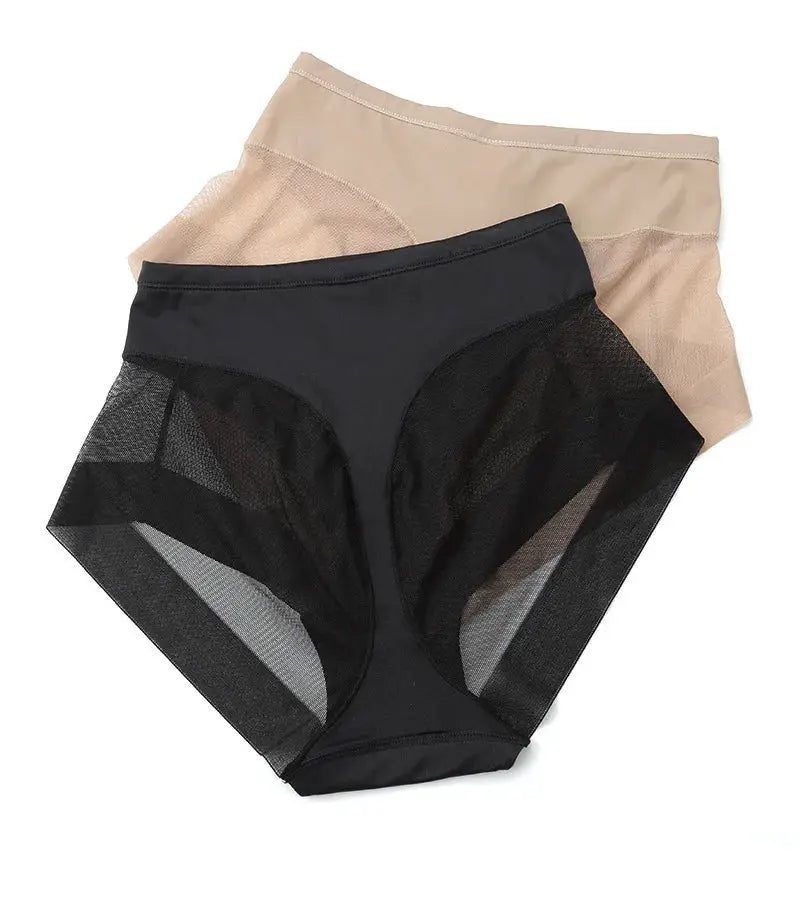 Simples Market women's high-waist shaping panties set of 3 in black and nude tones with mesh panels