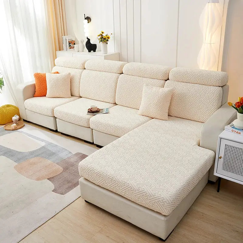 Beige jacquard sofa slipcover set for sectional with chaise cushion, stretch fit