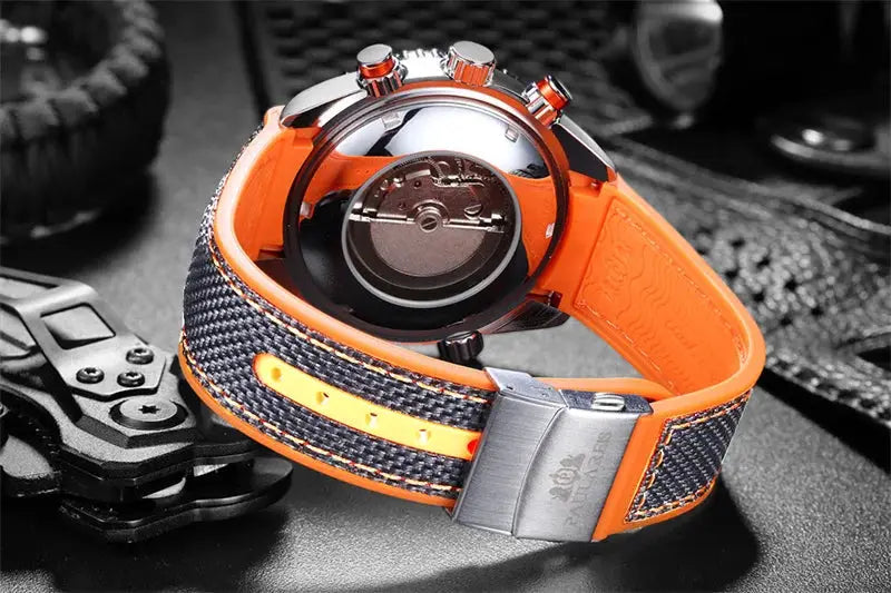 Paulareis P luxury men's automatic watch with orange strap and blue/grey fabric band