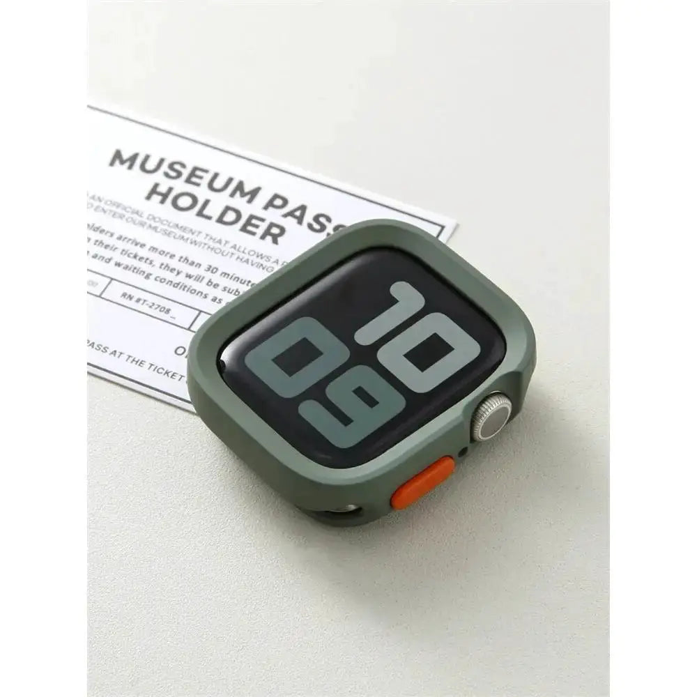 Apple Watch bumper silicone case by Simples Market in olive green with orange side button, anti-drop matte finish