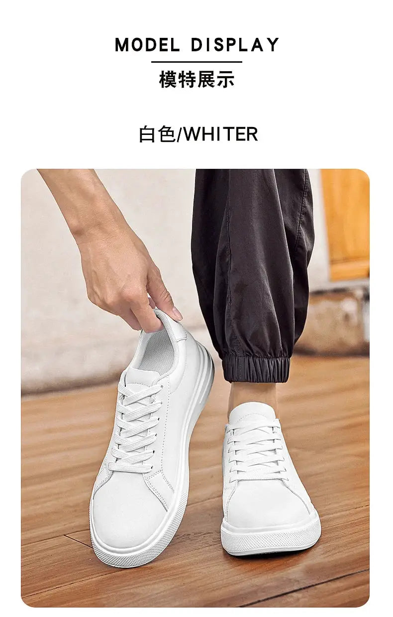 Men's white leather elevator sneakers with height-increase insole, 6–10 cm, casual sport shoes