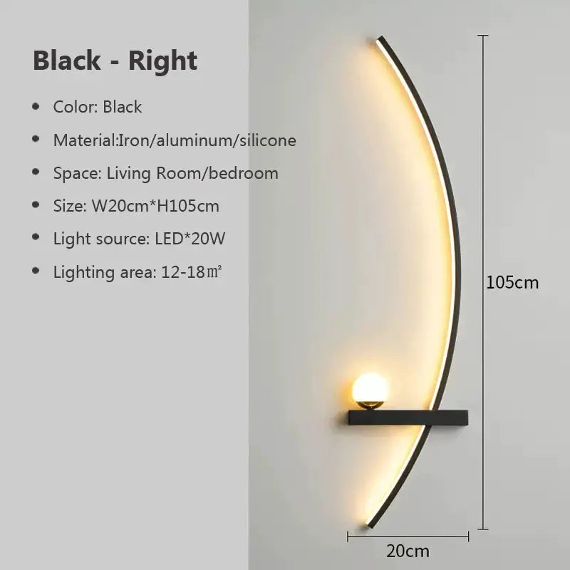 LED wall lamp, black curved right arc; modern living room lighting, 105cm tall