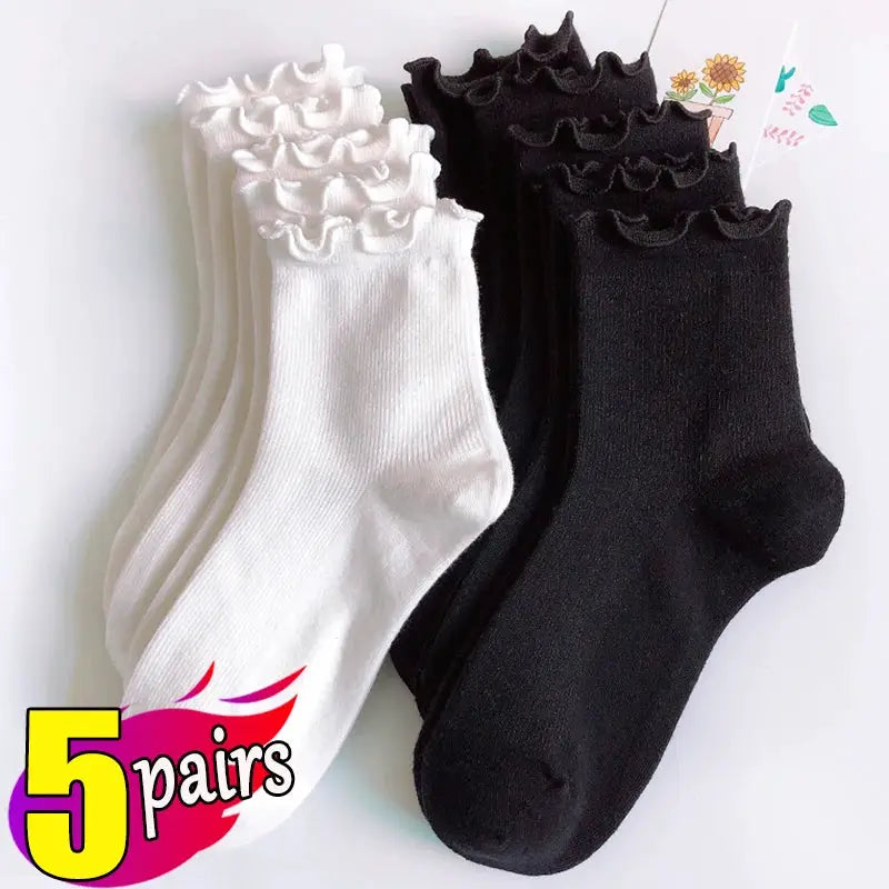 Cotton Ruffles Ankle Socks For Women Lolita Kawaii Korean Style Spring Black White 1 3 5 Pairs