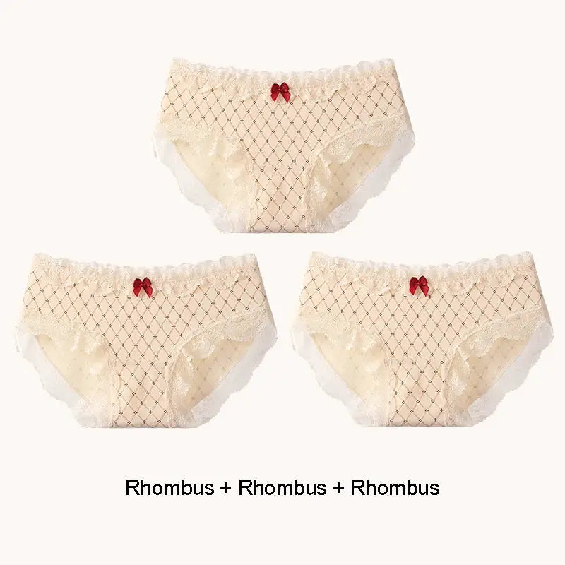 Panties set: three beige lace-trimmed briefs with red bows, Simples Market