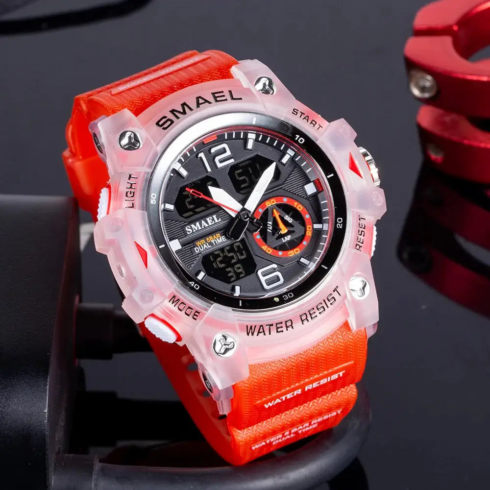 SMAEL sport watch for men, orange strap, translucent pink case, analog-digital dual time, water resistant.
