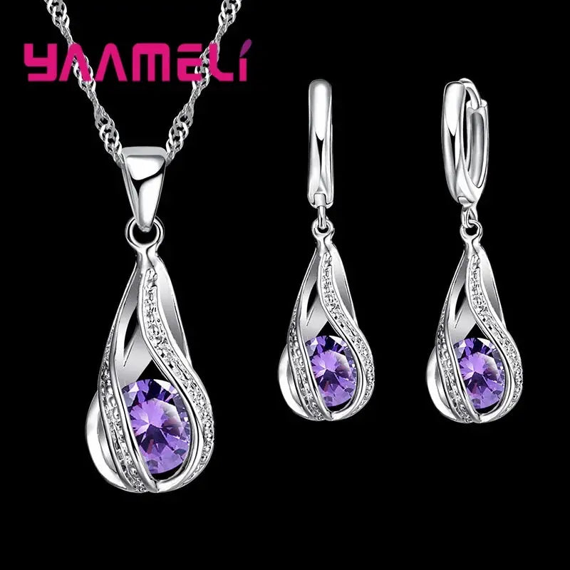 Water Drop CZ 925 Sterling Silver Plated Jewelry Set For Women Pendant Necklace And Hoop Earrings For Wedding Ceremony