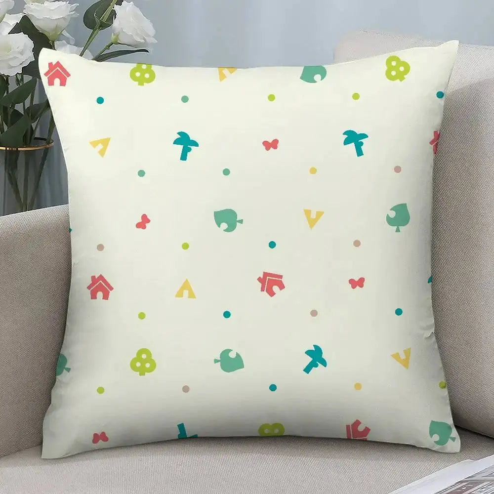 Pillow case, Animal Crossing-themed, short plush, double-sided print on white square cover with colorful icons.