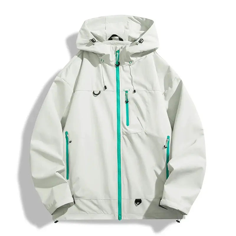 JNLN unisex waterproof windbreaker jacket in light gray with teal zippers and hood