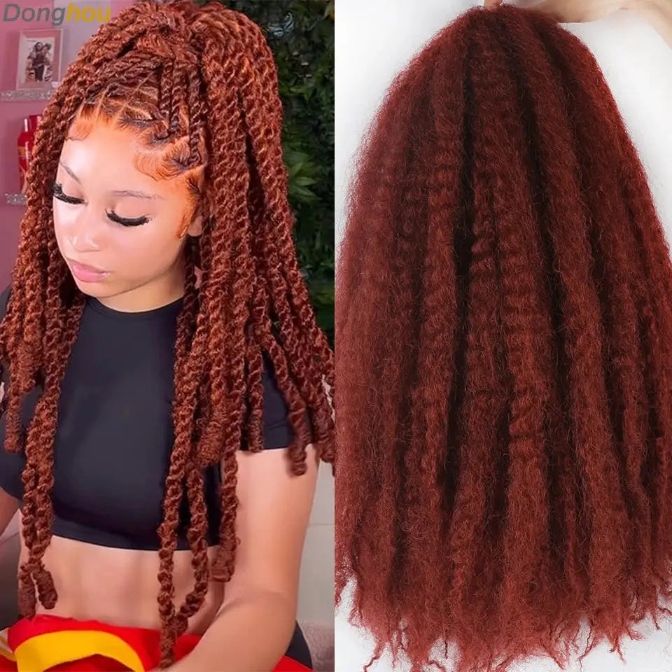 Simples Market Marley Hair 18in synthetic braiding hair; ombre blend shown as copper-orange twists and burgundy close-up.