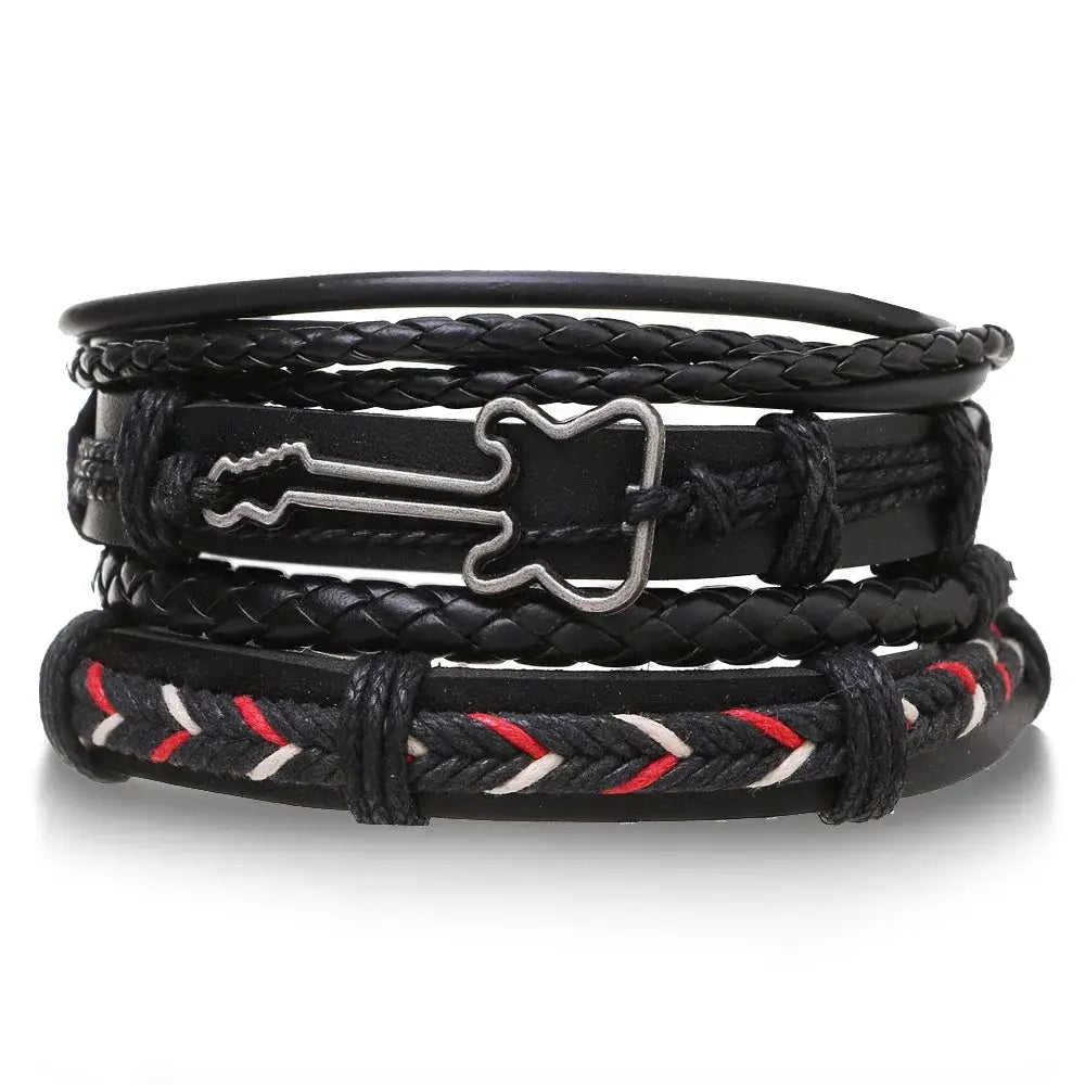 4 Piece Set Braided Leather Wrap Bracelets For Men Vintage Life Tree Rudder Charm Wood Beads Ethnic Tribal Wristbands