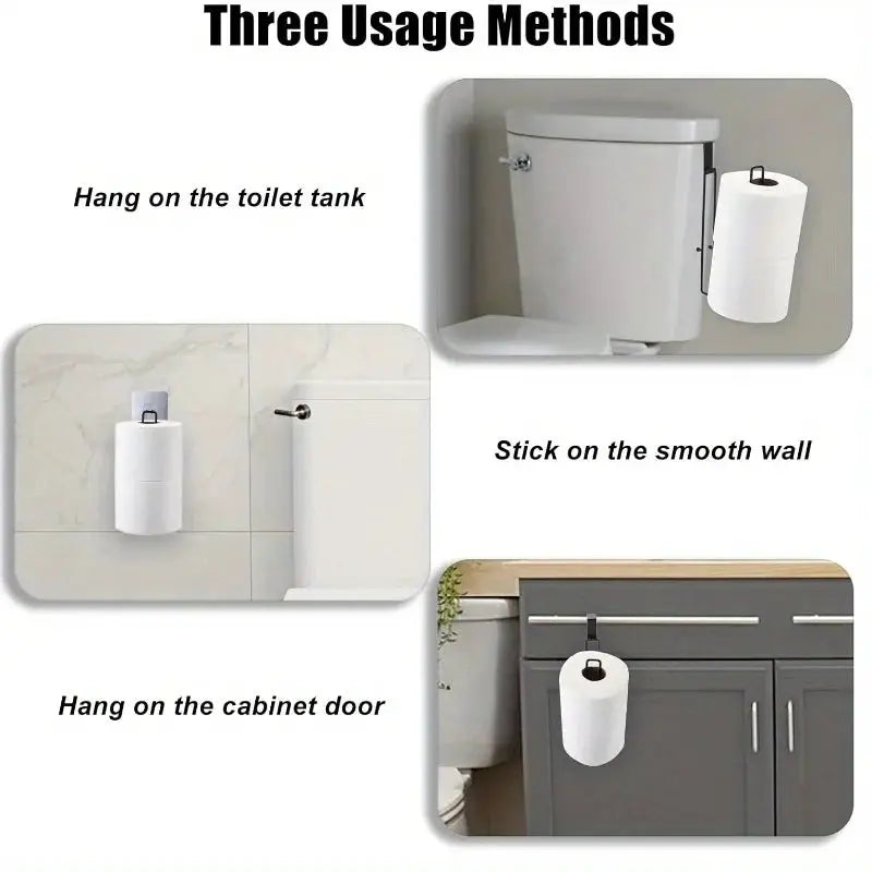 Self Adhesive Black Iron Toilet Paper Holder With Towel Bar No Drill Wall Mount Bathroom Storage