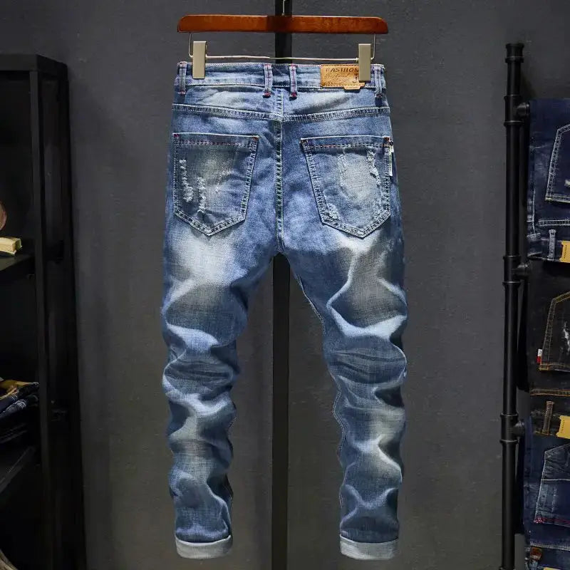Men's American Elastic Straight jeans by Simples Market, blue distressed denim with ripped back pockets