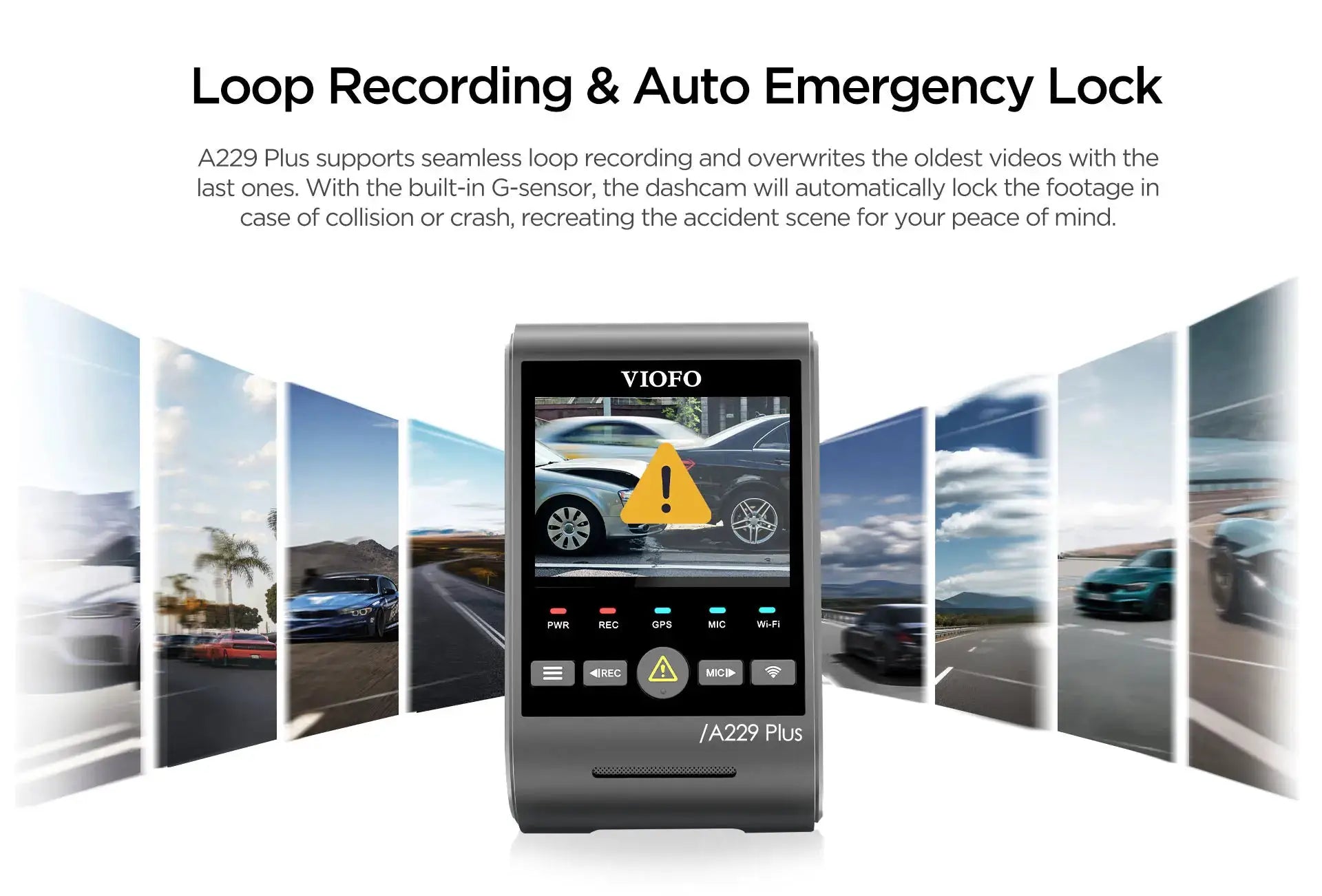 VIOFO A229 Plus car dash camera, silver/gray with 2K HDR, 5GHz Wi-Fi, GPS and night vision.
