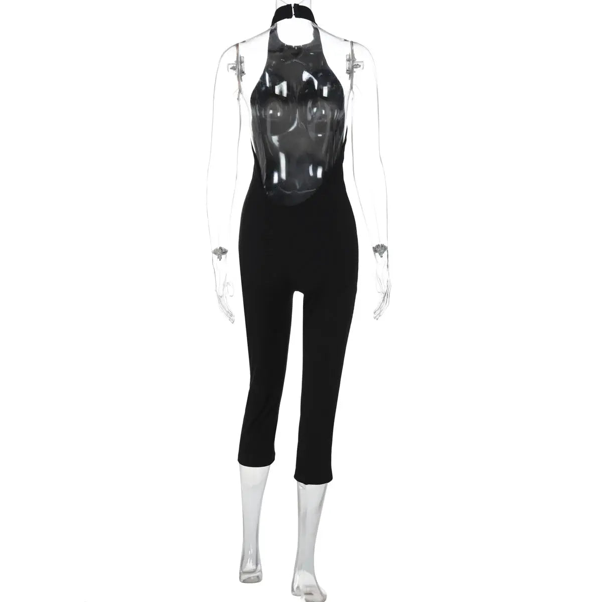 Hugcitar ribbed halter backless black jumpsuit, bodycon fit for summer fashion