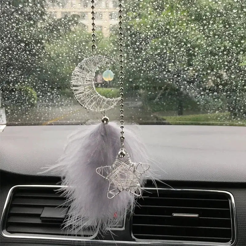 Feather mirror car pendant with a silver crescent moon dream catcher and a silver star with gray feathers