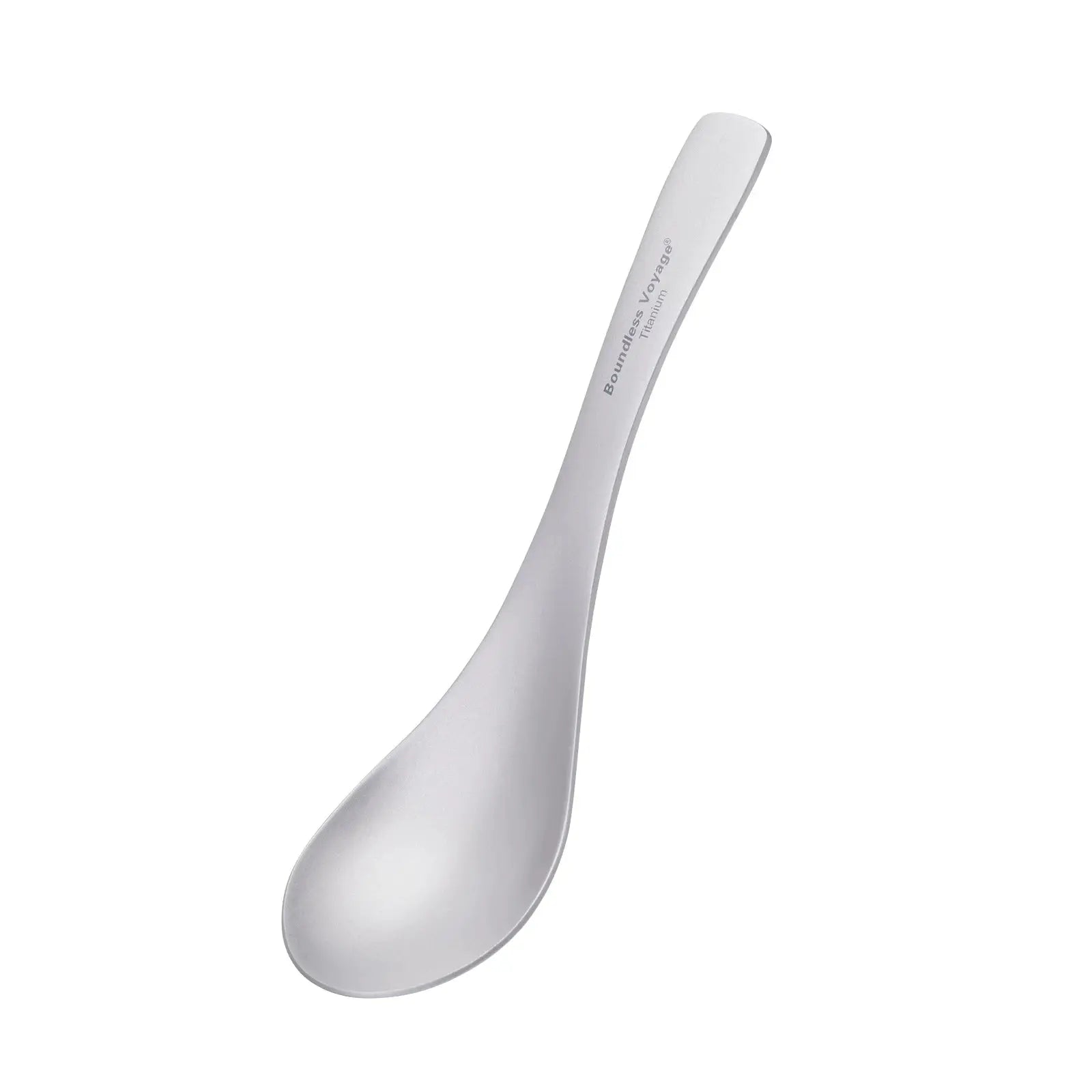 Boundless Voyage titanium spoon, silver camping utensil with a sleek metal handle and visible branding