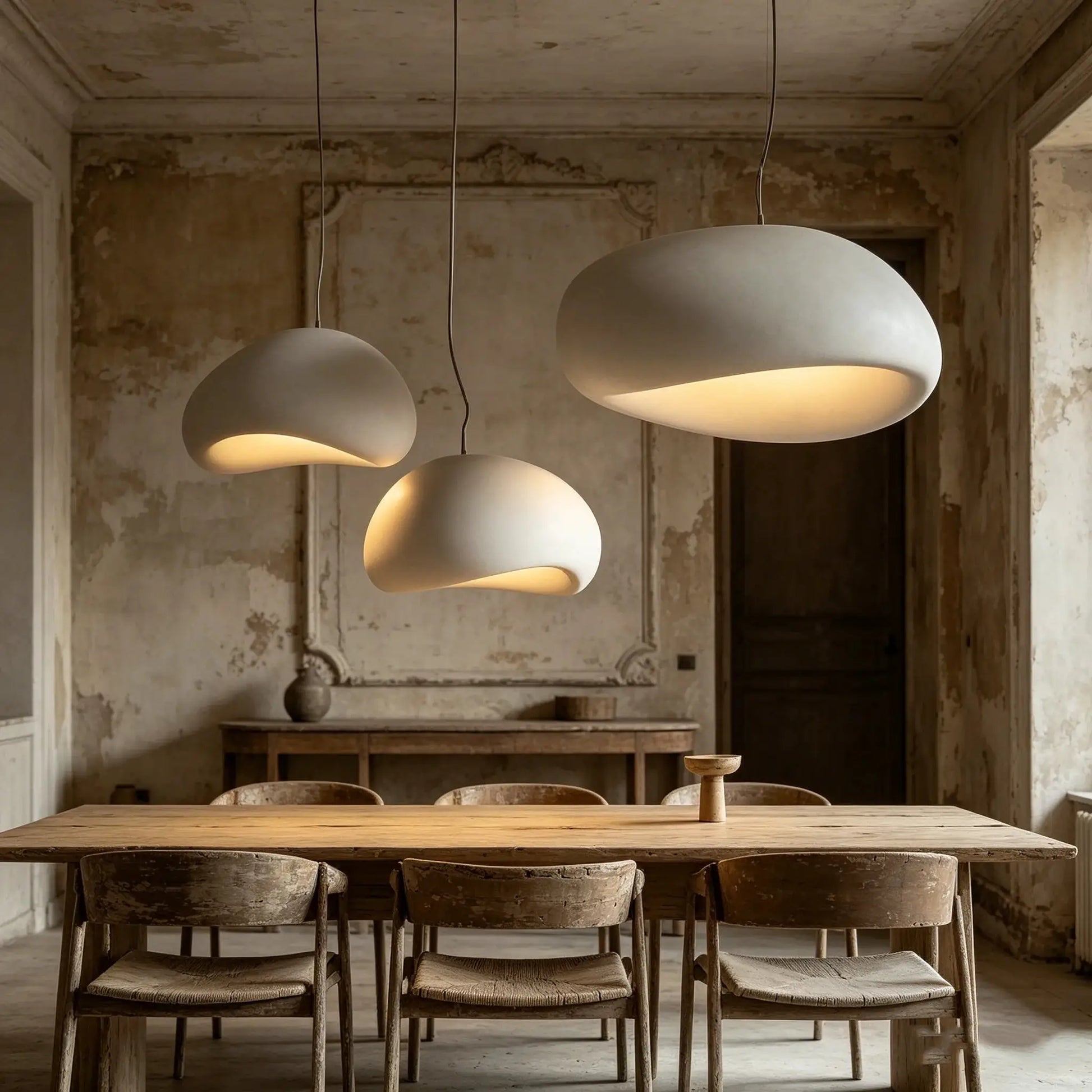 Nordic Wabi Sabi pendant lights; white ceramic domes with warm LED glow over a rustic wooden dining table