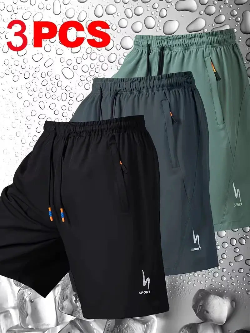 Men's sports shorts 3-piece set with elastic waistband in black, gray, and green