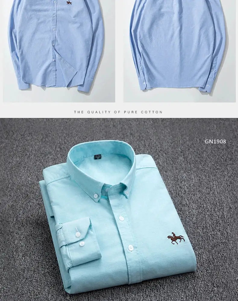 Simples Market casual pure cotton oxford men's shirt, long sleeves, horse embroidery; blue/teal color set (3 shirts)